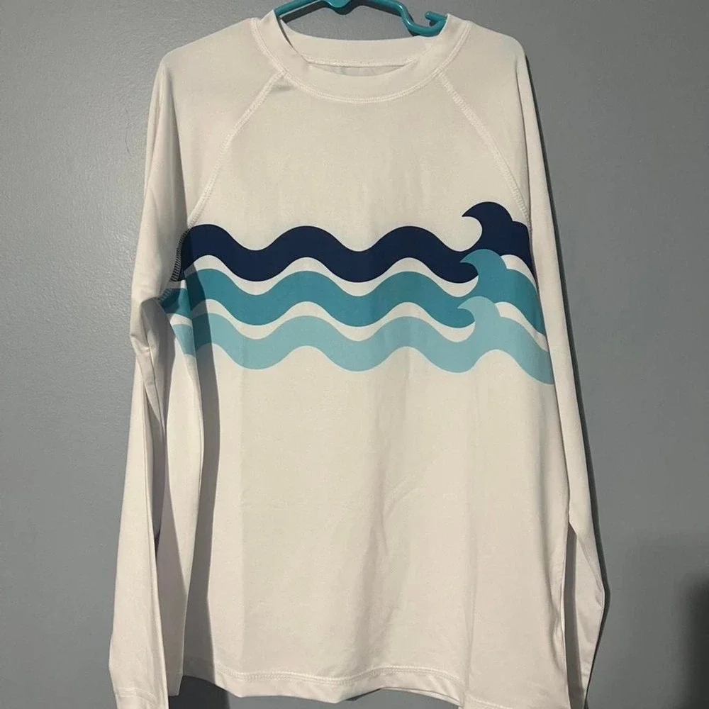 Wonder Nation Boys White Blue Wave Long Sleeve Rash Guard Swim Shirt L 10-12